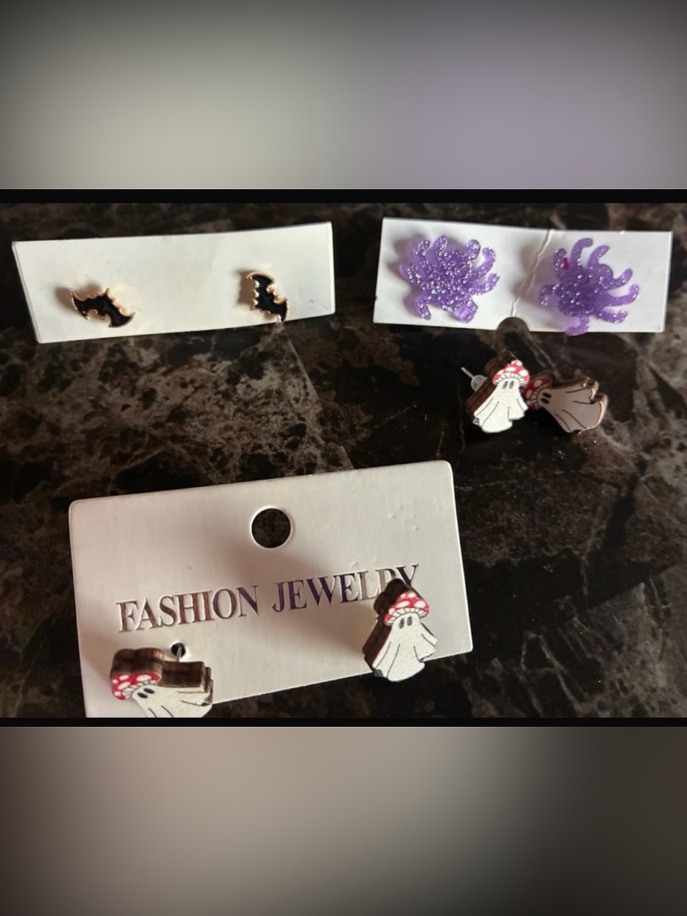 Halloween Ghost & Bat Stud Earring Set - White, Black, Purple